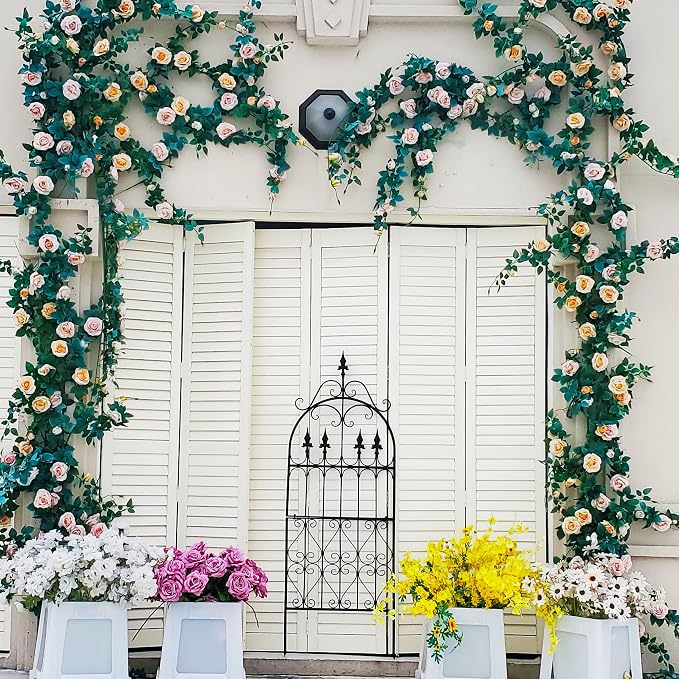 Trellis for Climbing Plants, 60" H x 21.7" W Heavy Duty Metal Trellis, 5FT Rustproof Black Iron Vine Support Trellis with Ground Stakes, Decorative Cupid Arrow Design for Roses, Vines