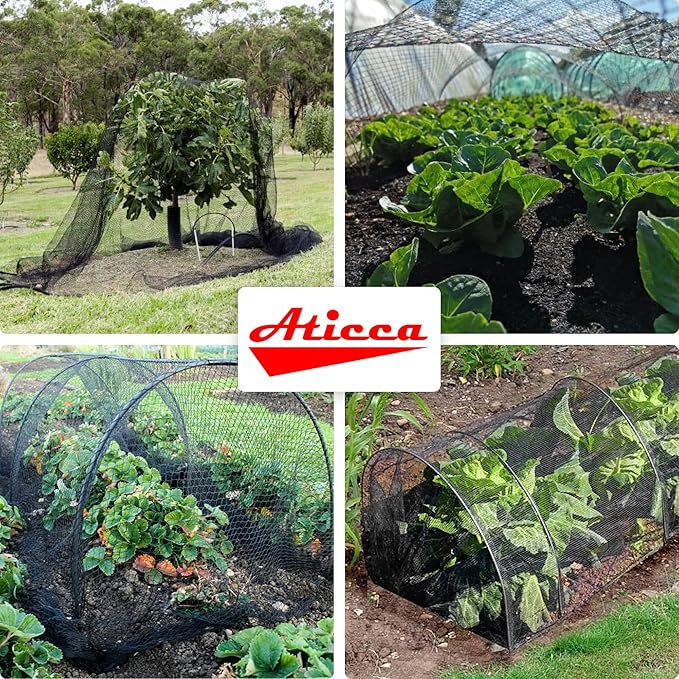 ATICCA Heavy Duty Bird Netting for Garden Protection & Fruit Trees, 15x15 Ft with 10 Stakes – Black Anti-Bird Net for Poultry, Deer, & Squirrel Protection, Durable Mesh for Garden and Yard Use