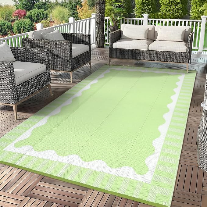 Garvee 8x10 Outdoor Rug, Scalloped Border Waterproof Camping Rugs for Outside Your RV, Modern Plastic Straw Rug, Foldable Reversible UV Resistant Mats for Picnic Backyard Deck Porch, Light Green