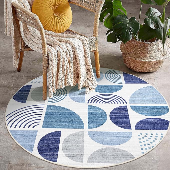 Round Rug 4ft Small Circle Area Rug Washable Non Slip Modern Abstract | Circular Rugs for Entryway Bedroom Kitchen Boho Throw Carpet Boho Soft Low Pile Floor Indoor Bohemian Navy Blue