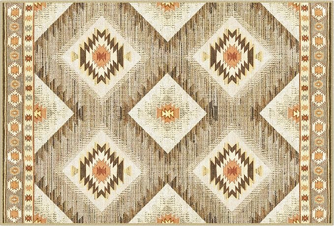 7'x9' Washable Area Rug for Living Room Bedroom Cream/Camel | Soft Western No Slip Low Pile Print Foldable Indoor for Kitchen Dining Room