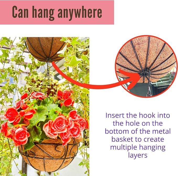 LaLaGreen Hanging Planter for Outdoor Plants (12 Inch, 2 Pack) Hanging Baskets with Coco Liner, Black Metal Wire Flower Basket Pots with Hook Hanger Balcony Porch Farmhouse Country Style Garden Decor