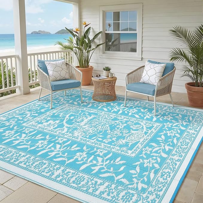 Garvee Outdoor Rug 8x10, Waterproof Reversible Foldable Plastic Straw Rug, Botanical cottagecore Outdoor Rugs Patio Camping RV Carpet for Deck Camper Porch Balcony Backyard Picnic Beach Blue