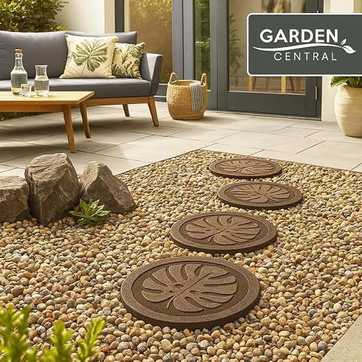 TierraVerde 4-Pack 18”x18” Fake Tropical Leaf Rubber Stepping Stones, Round, Brown – Reversible Non-Slip Outdoor Faux Decorative Set for Landscaping – DIY Decor for Walkways & Yard Pathways