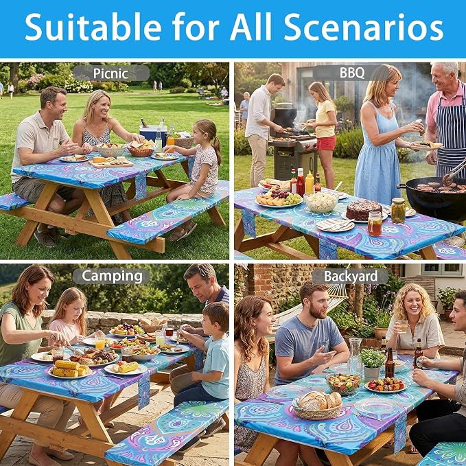 Jobunai Picnic Table Cover with Bench Covers Non Slip Waterproof Vinyl Tablecloth for 8 Foot Rectangle Tables Gardening Needs Camping Rv Roadtrip Items for Tent Camper Gift for Teen Woman Man
