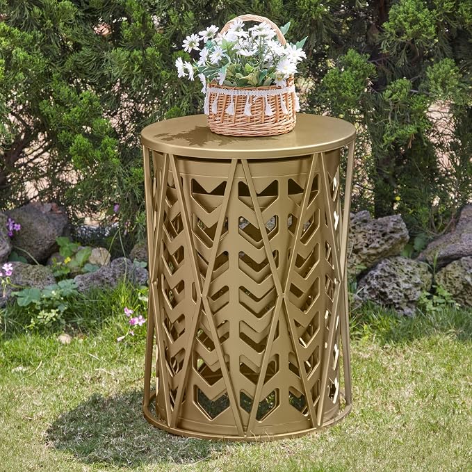 Y&M Outdoor Side Tables Set of 3, Round Heavy Duty Metal Nesting End Tables, Stacking Patio Accent Tables for Outside, Balcony, Garden, Porch, Indoor & Outdoor, Gold