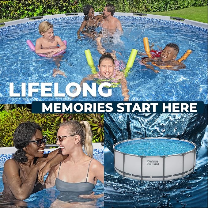 Bestway Steel Pro MAX 15' x 48" Above Ground Swimming Pool Set with Pump | Durable Round Metal Frame Outdoor Backyard Pool, Puncture-Resistant Liner - Ladder and Cover Included, Gray
