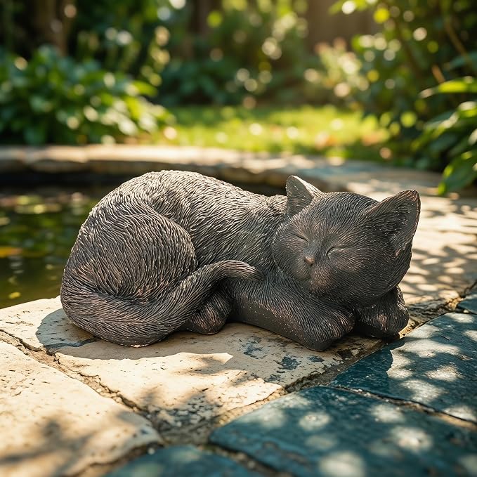 Sleeping Cat Statue Outdoor Garden, Bronze Patina Resin Sculpture, Cat Statues Indoor Outdoor Decor for Garden Patio Yard Lawn, Unique Pet Memorial Ornament, Thoughtful Keepsake Gift for Cat Lovers