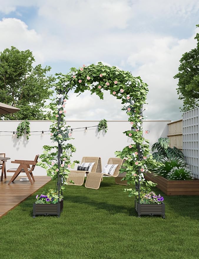 47 in Tall Garden Arch Trellis for Climbing Plants – Metal Wedding Arch with Planter Box, Flower Frame Backdrop Stand – Rustproof Arbor for Wedding, Party, Balloon Decor & Outdoor Plant Support
