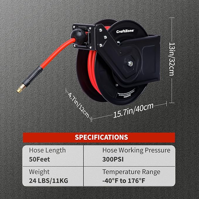 Retractable Air Hose Reel | Rewind 50 ft x 3/8 in Hybrid Air Hose Max 300PSI | Heavy Duty Air Compressor Hose Reel with Auto Rewind and Bracket | Wall Mount for Garage | Home Studio