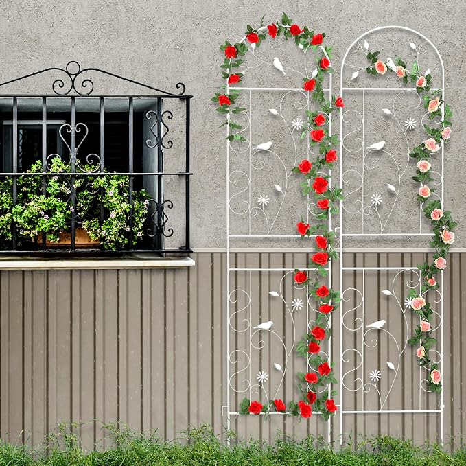 Metal Garden Trellis for Climbing Plants, 86.5" x 19.7" Metal Plant Trellis Outdoor, White Iron Garden Trellis, Clematis Rrellis Outdoor, Arched Decoration Suitable for courtyards, lawns, Gard, White