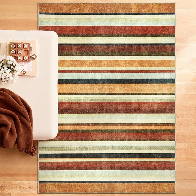 jinchan 5x7 Area Rug Modern Striped Washable Living Room Rug, Caramel Dusk | Non-Slip, Thin, Lightweight, Low Pile, Decor Carpet, Modern, Entrance, Entryway, Bedroom, Kitchen, Dining Room, Home Office