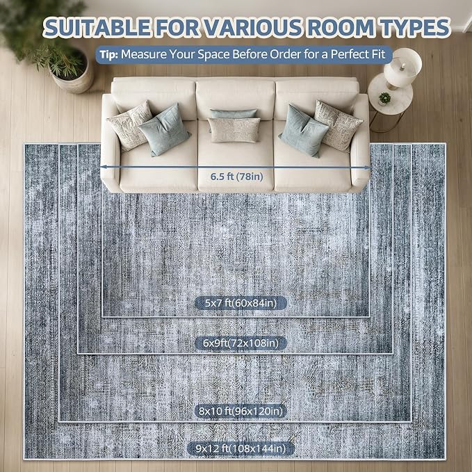 8x10 Washable Area Rug Modern Abstract for Living Room Bedroom Gray Blue | Soft Indoor Carpet,Anti-skid Backing,Water Repellent,Non-shedding, Suitable for bedroom dining farmhouse nursery home office