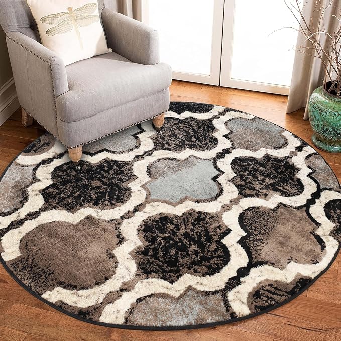 SUPERIOR Modern Indoor Area Rug, Non Slip Rug, 5' Round, A Chocolate | Geometric Design Floor Décor, Easy Care High Traffic Areas Living Dining Room, Bedroom, Office, Entryway, Viking Collection