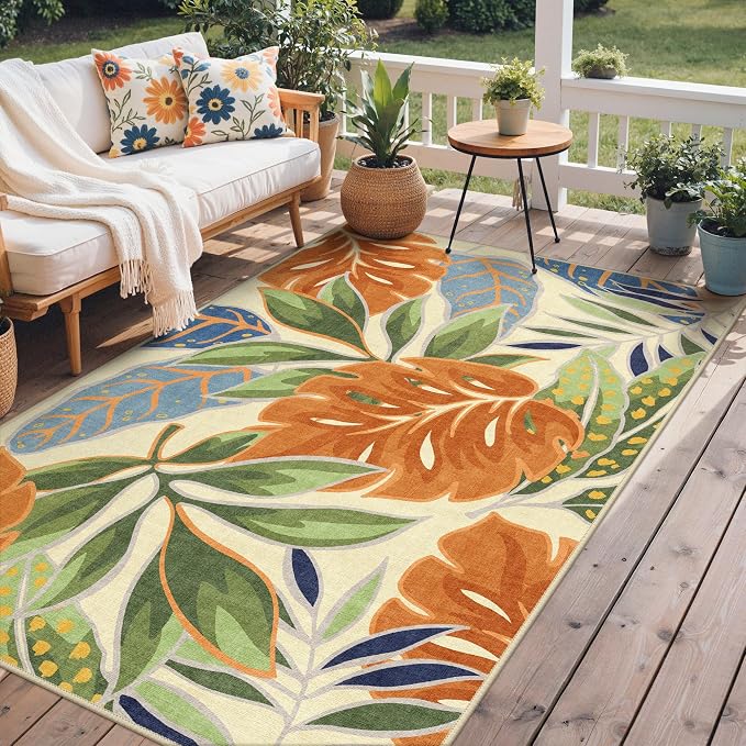 GENIMO Outdoor & Indoor Area Rug 4'x6', Waterproof, Non-Shedding, Easy Cleaning, Leaf Mat for Patio, Living Room, Balcony, Dining Room, RV, Deck, Bedroom, Camping, Outside Carpet, Rust Sage