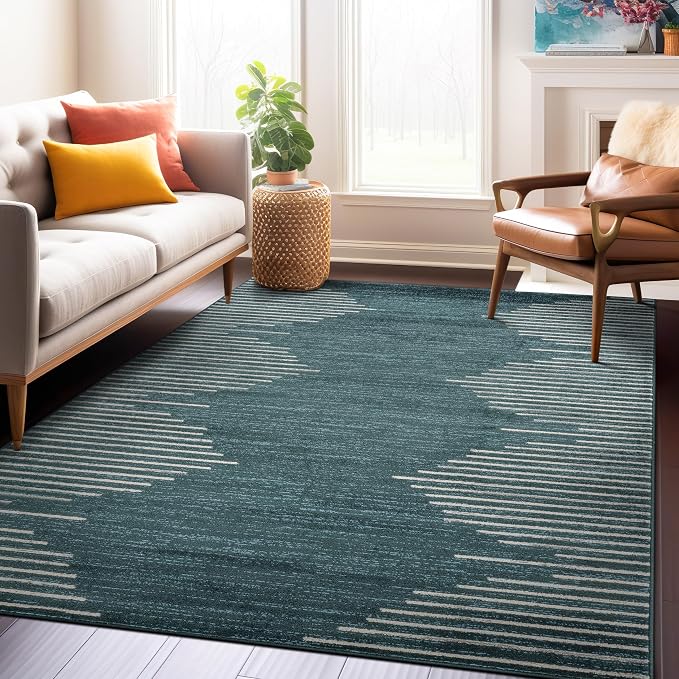 Rugshop Bohemian Stripe Stain Resistant High Traffic Area Rug Teal 5' x 7' | High Traffic,Fade Resistant, Living Room, Bedroom, Dining Room, Home Office, Kitchen, Entryway, Hallway, Nursery,Basement