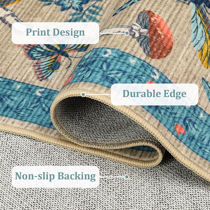 Mushroom Insect 8x10 Area Rugs, Washable Rugs for Living Room Non Slip Stain Resistant Low Pile Modern Butterfly Carpet for Bedroom Dining Room Nursery Playroom Office, Khaki Blue