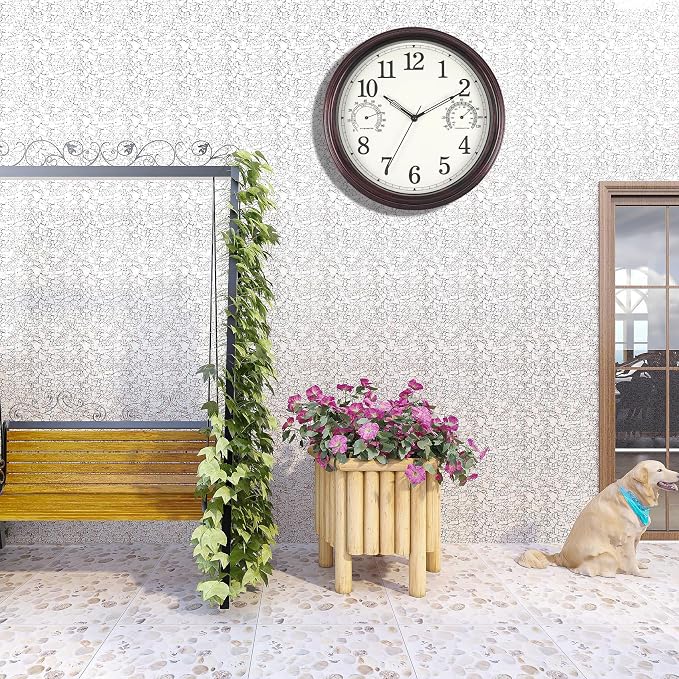 14 inch Outdoor Wall Clock, Plastic Waterproof Wall Clock with Temperature, Water Resistant Outdoor Clocks for Patio Garden