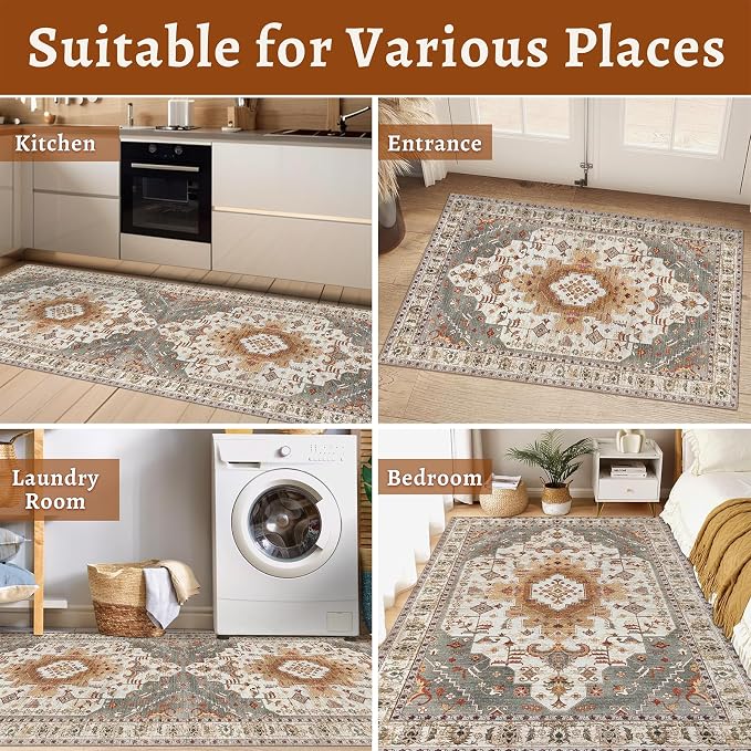Tangsoo Oriental 2x3 Washable Rugs for Entryway, Non Slip Small Area Rug | Vintage Indoor Front Door Rug, Soft Low Pile Door Mat Small Carpet Throw Rugs for Entry Entrance Kitchen Bedroom Turmeric