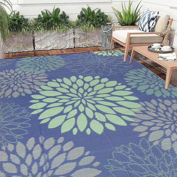 Ileading Waterproof Outdoor Rug 9x12, Reversible Plastic Straw Patio Rug, Portable Indoor Outdoor RV Camping Mat Carpet for Deck, Porch, Balcony, Backyard, Picnic, Floral Navy Blue