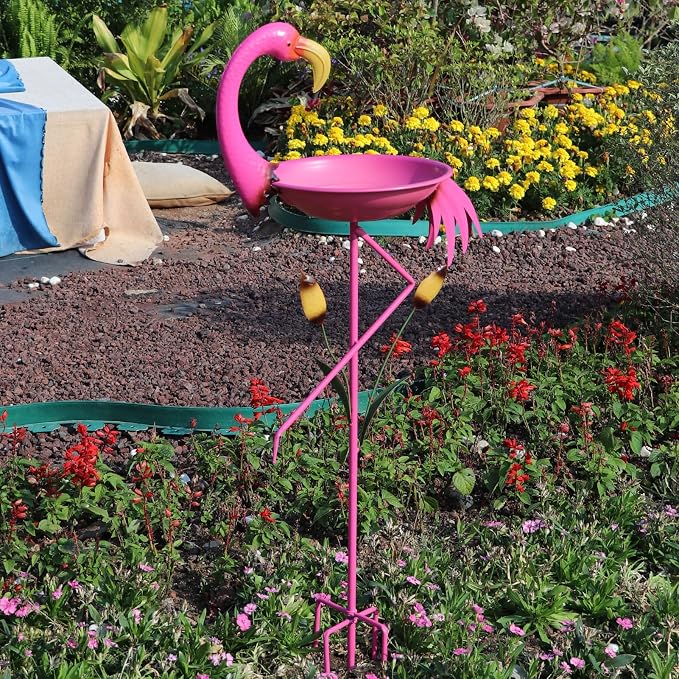 12.2”D * 45.3”H Flamingo Bird Bath, Metal Bird Baths for Outdoor, Bird Feeder with 5 Prongs Stake for Outside Garden Yard Decor