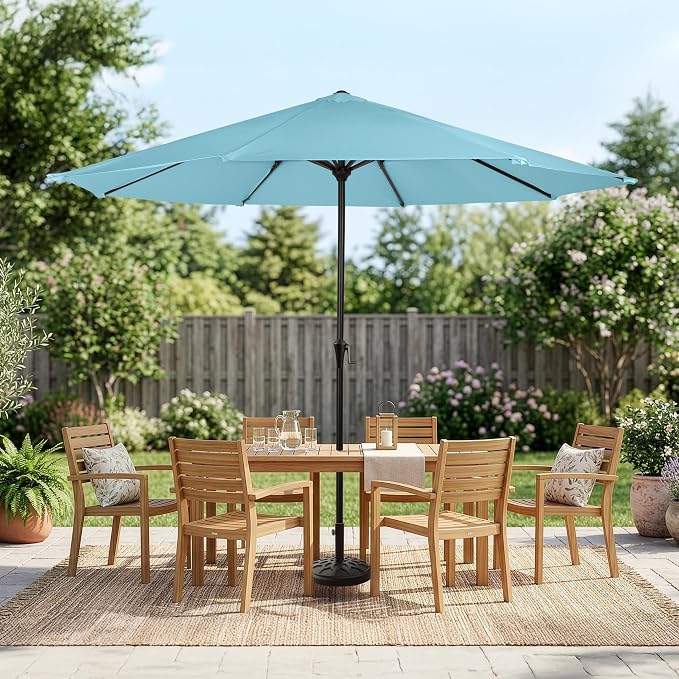 Pure Garden 9FT Round Patio Umbrella with 19lb Weighted Base - Easy Crank, Vented Canopy Outdoor Umbrella for Shade - For Deck, Balcony, Porch, Backyard, or Pool (Lake Blue)