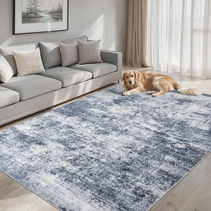 PLHXFR 9x12 Area Rug Living Room: Abstract Washable Carpet Grey Blue | For Bedroom Dining Room Farmhouse Nursery Home,Machine washable,Non Slip,Large Soft Neutral,Stain Resistant, Indoor Floor