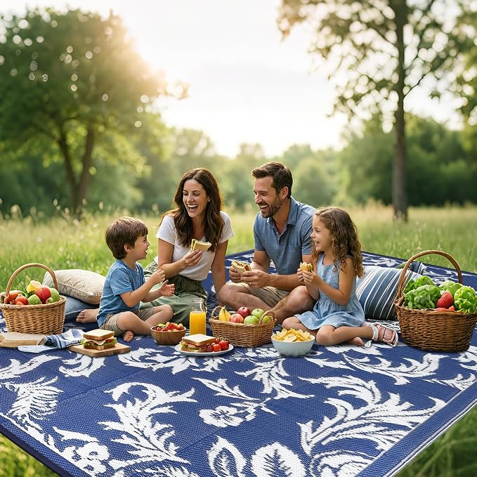 IDEALHOUSE Waterproof Outdoor Rug 9x12 for Patio, Foldable Reversible Area Rug, Large Plastic Straw Mat for Camping, RV, Porch, Backyard, Picnic, Beach, Blue & White