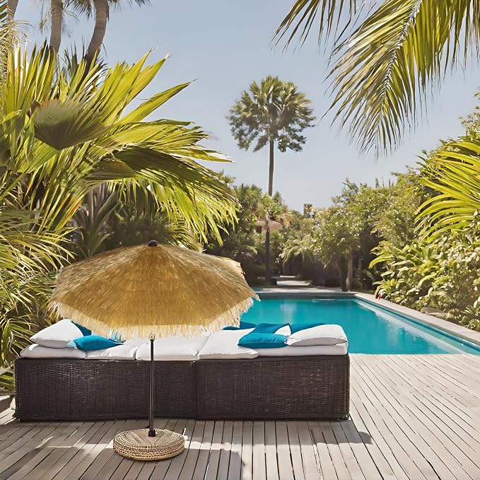 Hula Thatched Tiki Umbrella Tropical Palapa Raffia Tiki Hut Hawaiian Patio Umbrella with Fringe Boho Parasol 6' 8' & 9' Options