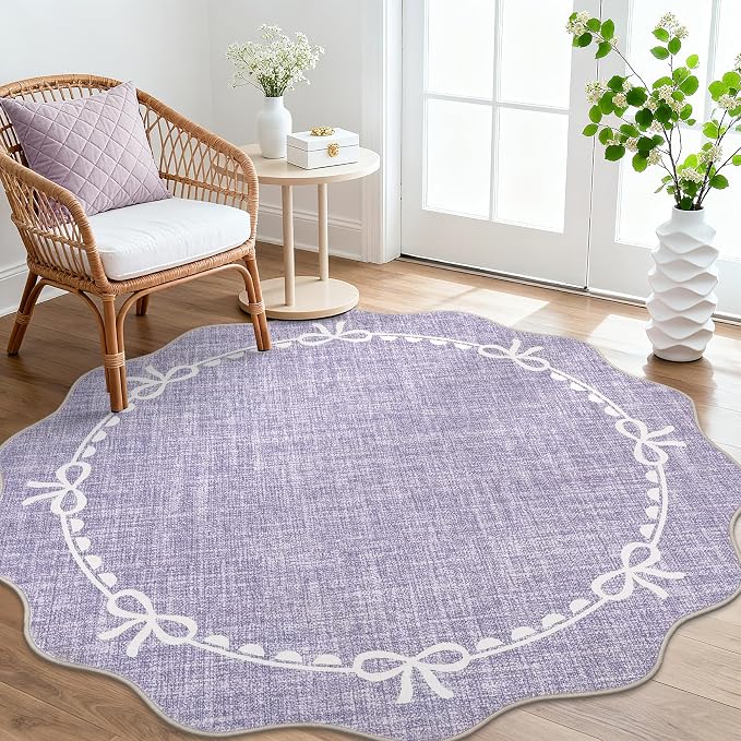 GarveeHome 4ft Round Rugs Washable Scalloped Bow Rug for Bedroom, Purple | Non Slip Soft Low Pile Ultra-Thin Stain Resistant Indoor Carpet for Living Room Nursery Girls Dorm Decor Kids Room Playroom