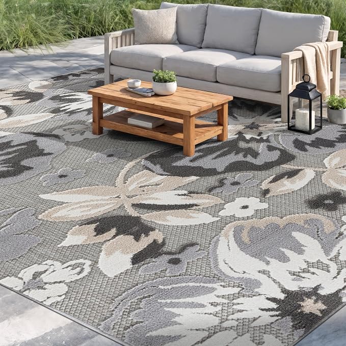 Rugshop Bergamo Contemporary Floral Non-Shedding Easy Cleaning Patio Deck Backyard Indoor/Outdoor Area Rug 7'10" x 10' Gray