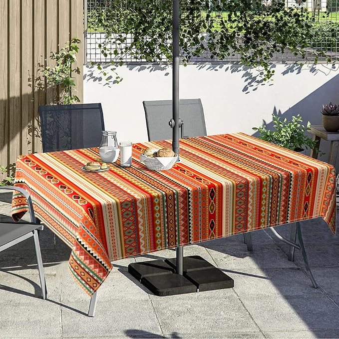 Outdoor Tablecloth with Umbrella Hole and Zipper, Rectangle Patio Table Covers for Spring/Summer, Machine Washable Outdoor Picnic Table Cloth (Boho Kilim, 60" × 120" Rectangular)