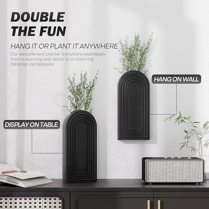 EOSAHR Pine Wood Wall Vases Set of 2 – Modern Wall Decor & Hanging Planters for Indoor Plants – Boho Home Decor Accent with Rustic Charm for Living Room, Kitchen & Bedroom (Black)