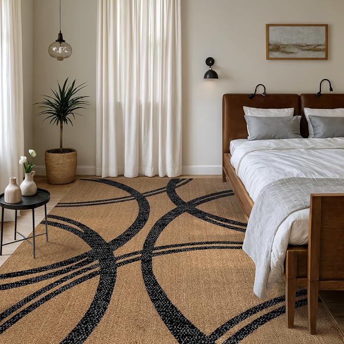 Rugshop Wavy Circles Modern Non-Shedding Area Rug Jute 5'3" x 7'3" | Rectangular, Size 5'3" x 7'3", Living Room, Bedroom, Dining Room, Home Office, Kitchen, Entryway, Hallway, Nursery, Kids Room