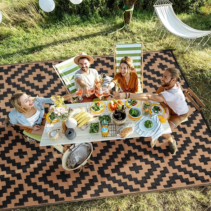 Outdoor Patio Plastic Straw Rug - 9x18 ft Outdoor Camping Rug Waterproof Reversible, Area Carpet Patios RV, Outside Porch Balcony Deck for Camper, Black & Brown