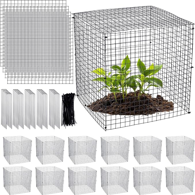 Zubebe 14 Pack Small Wire Plant Protectors Square Plant Protectors from Animals Mesh Cage Chicken Wire Cloche for Shrubs and Vegetables with Ground Stakes and Nylon Ties (12 x 12 Inch)