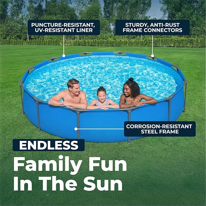 Bestway Steel Pro MAX 12' x 30" Above Ground Swimming Pool, Pool Only, Blue | Round Durable Metal Frame Pool, Outdoor Backyard Water Activity - Includes Puncture-Resistant Liner, No-Tool Setup