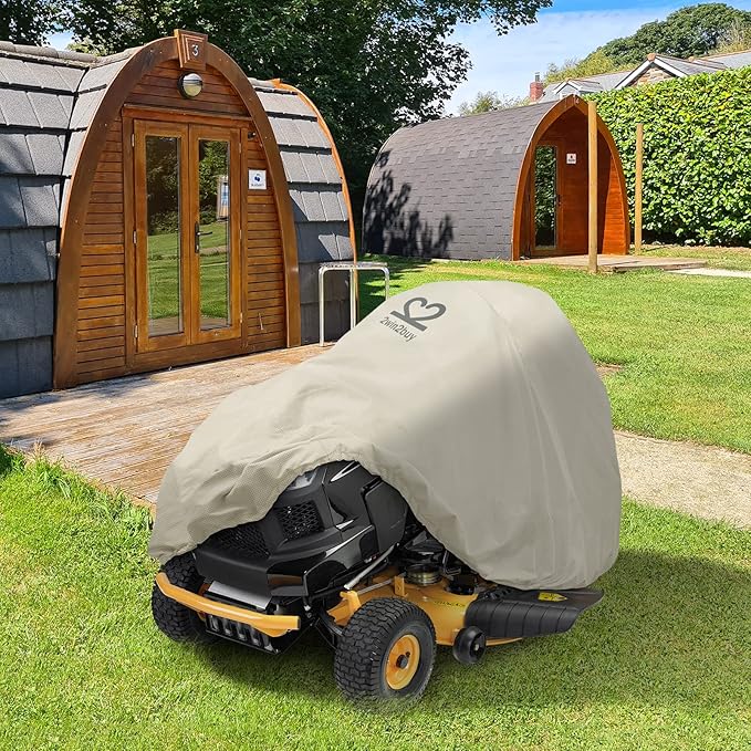 Riding Lawn Mower Cover, Heavy Duty 600D Lawnmower Covers Waterproof Outdoor Lawn Tractor Cover Tarp All Weather Ride on Mower Covers Universal Fit Decks up to 54" with Elastic Cord & Storage Bag