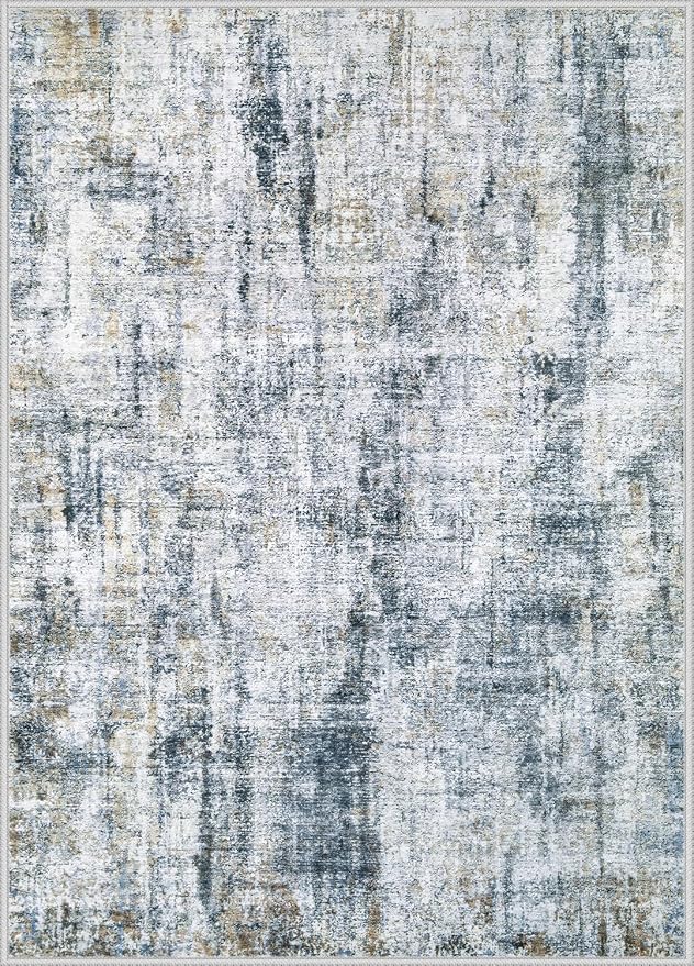 9x12 Area Rugs Washable Rug: Abstract Neutral Rugs Modern Non Slip Area Rug Stain Resistant Low Pile Indoor Carpet for Dining Room Bedroom Nursery Office (Multi Blue, 9'x12')