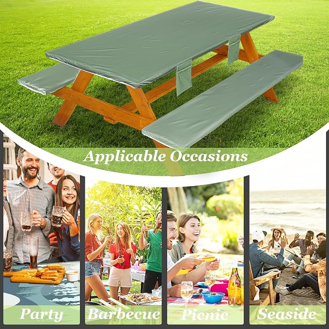 Wrakus Picnic Table Cover with Bench Covers Vinyl Elastic Edges Fitted Rectangle Seat Tables Waterproof 3-Piece72X30in Set Outdoor Rectangular Folding Backing Tablecloth for Camping Over Size