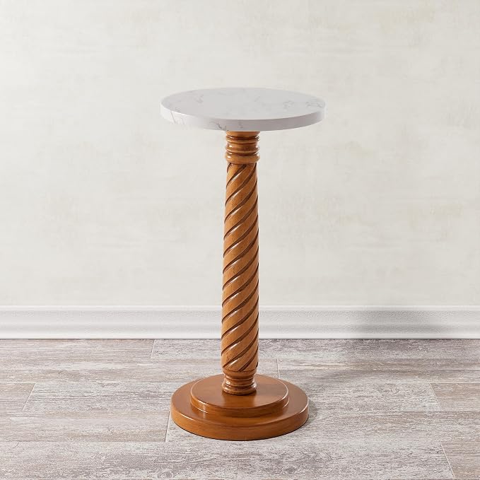 COZAYH Pedestal Small Drinking Table, Farmhouse Tray Top End Table, Distressed Finish, White Tabletop, Wooden Legs