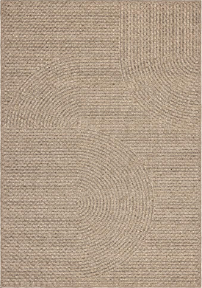 Easy Jute Rug 4x6 Outdoor: Natural Modern Area Rugs for Patio Porch Deck Linen-Look Fabric Durable - Neutral Washable Carpet for Entryway Living Room Bedroom Indoor Non Slip - Swirl Curved Pattern