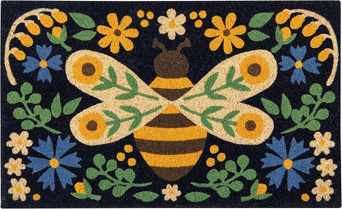 Now Designs Bee Garden Doormat, 18x30in, Coir Fiber with Vinyl Backing, Fade Resistant, Folk Art-Inspired Design