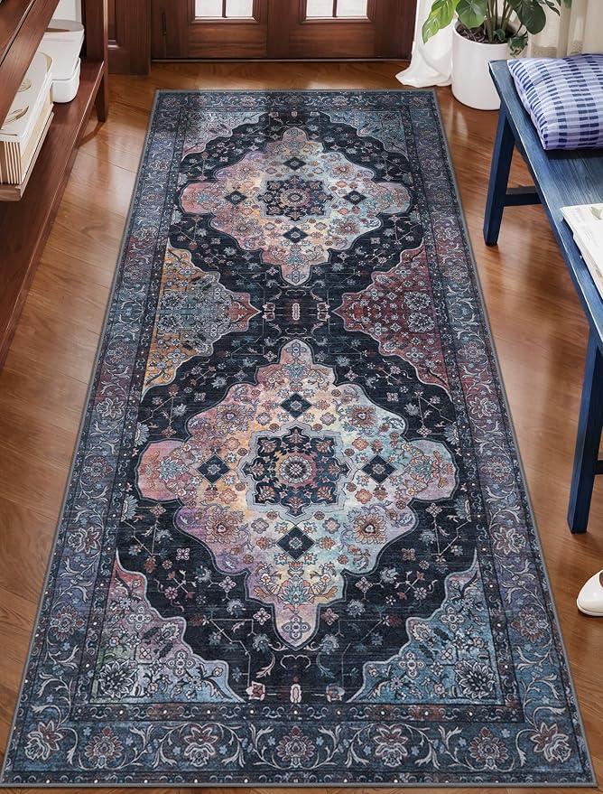 Tangsoo 2x6 Washable Runner Rug for Hallways, Oriental Non Slip Rug Runners | Boho Soft Low Pile Rug, Vintage Print Carpet Hallway Runner for Kitchen Bedroom Entryway Bathroom Living Room Blue Decor