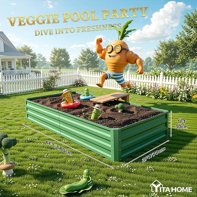 YITAHOME 2pcs 6x3x1ft Galvanized Raised Garden Bed, Metal Planter Box with Safety Rubber, Gloves, Outdoor Flower Bed for Planting Plants Vegetables, Green