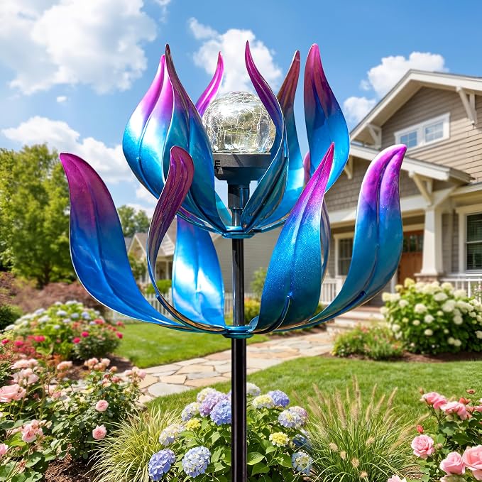 Solar Wind Spinner with Crackle Glass Ball, 7-Color Changing LED Light, Metal Kinetic Sculpture for Garden, Patio, Lawn Decor - Unique Outdoor Art for Yard