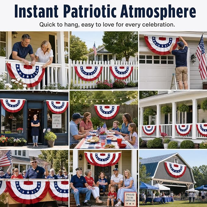 4 Pack Large USA Patriotic Pleated Fan Flag Set - 3x6 Ft American Bunting Flags with Sewn Stripes, Brass Grommets - Memorial Day Independence Day 4th of July Outdoor Decorations