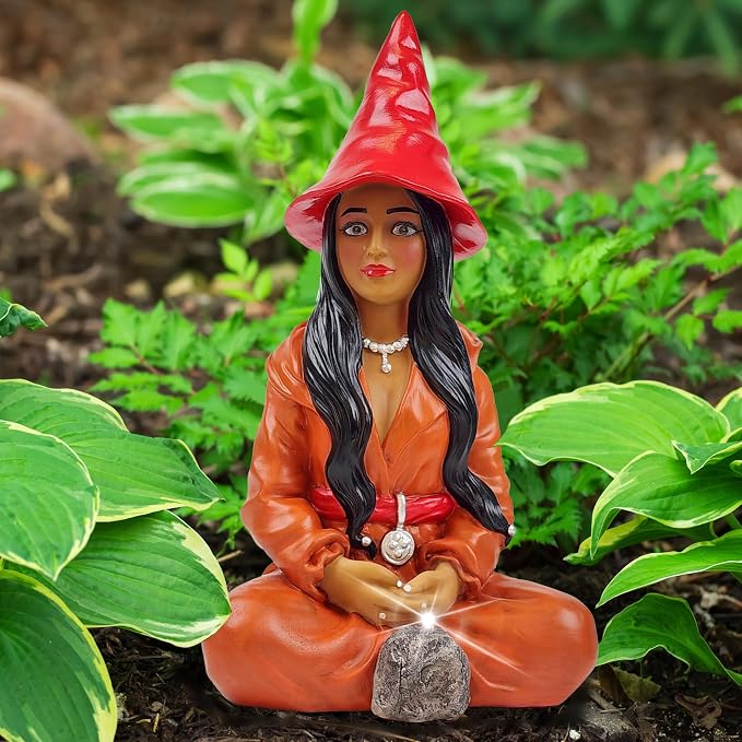 Better Office Products Garden Gnome Statue, 12" Height, Handcrafted Waterproof, UV-Resistant Polyresin Lawn Patio Porch Ornament Decoration (Modern Pixie Girl with Solar Light)