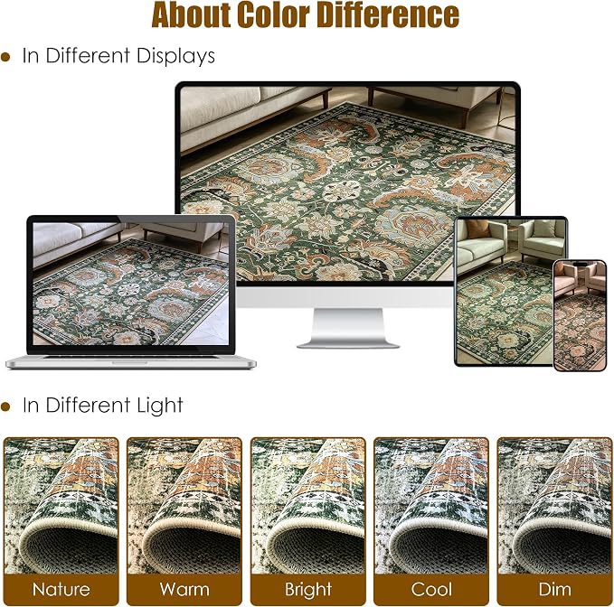Washable Area Rugs - Perfect for Living Room, Bedroom, Kids Room, Nursery - Stain & Water Resistant Non-Slip, Pet & Child Friendly, Vintage Tribal Area Rugs (Green, 4' x 6')