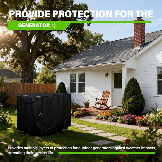Waterproof Generator Cover. 30L×30W×27H Inches, Equipped with A Wind-resistant Securing Rope. Suitable for Most Generators 5000-12000 Watts. Black.